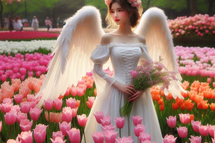 Gadis dan taman bunga Tulip